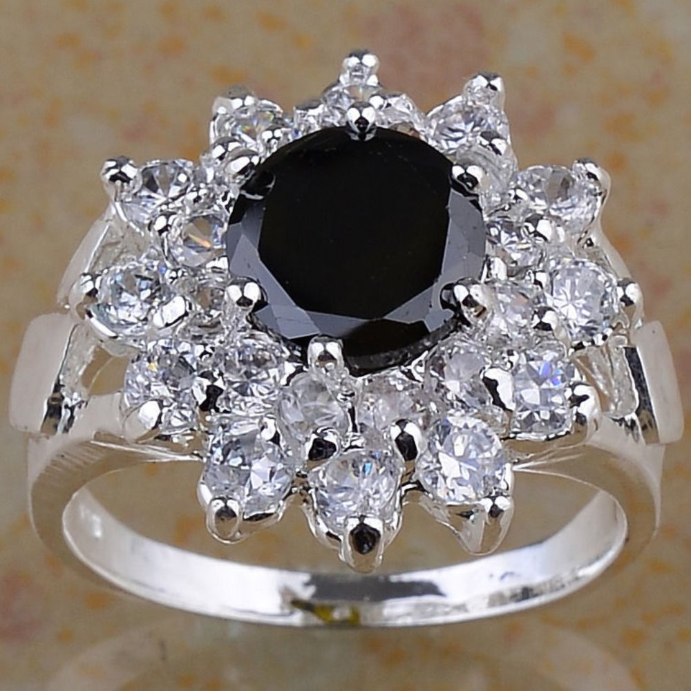Silver Round Cut Black Onyx White Sapphire Ring